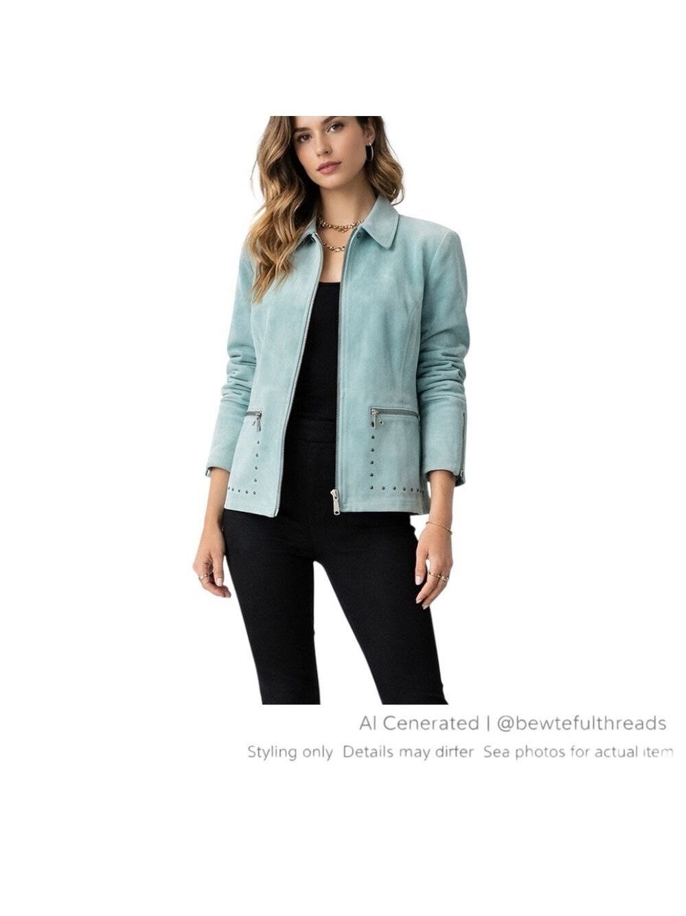 Guillaume Pastel Blue Green Suede Leather Moto Jacket Studded Y2K L
